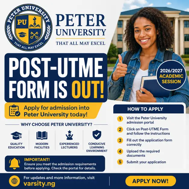 Peter University Post-UTME Form 2026/2027: Requirements, Courses and How to Apply