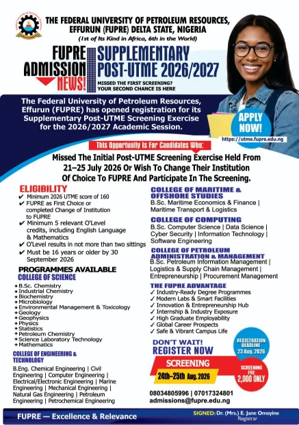 FUPRE Supplementary Post-UTME Form 2026/2027: Eligibility, Courses and Registration